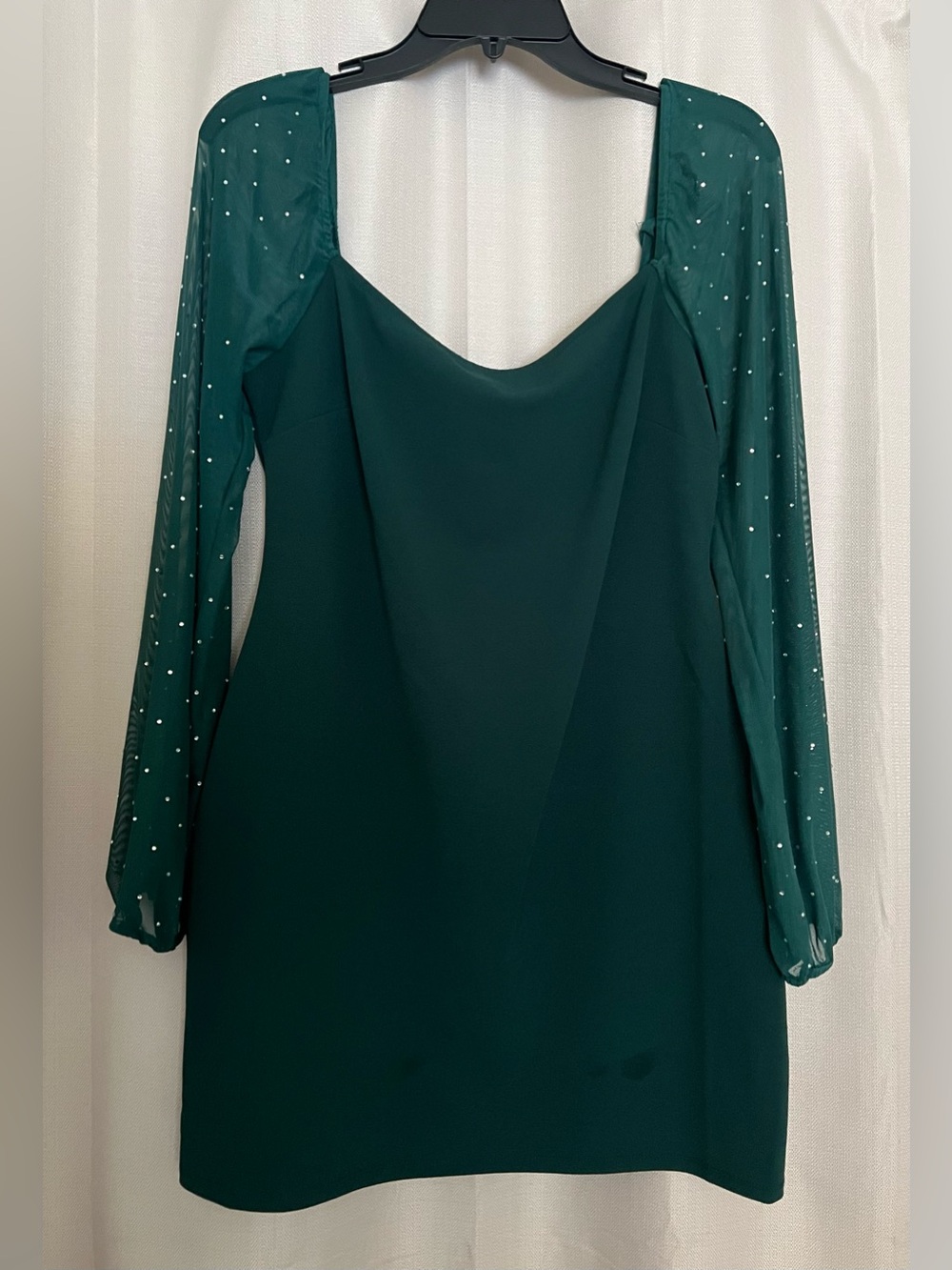 Jump Apparel Emerald Green Rhinestone Sheer Sleeve Mini Dress Size L